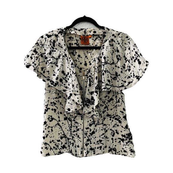 Tory Burch 100% SIlk Ruffle Exposed Zipper Splatter Print Blouse Top Sz 2 - Picture 1 of 6